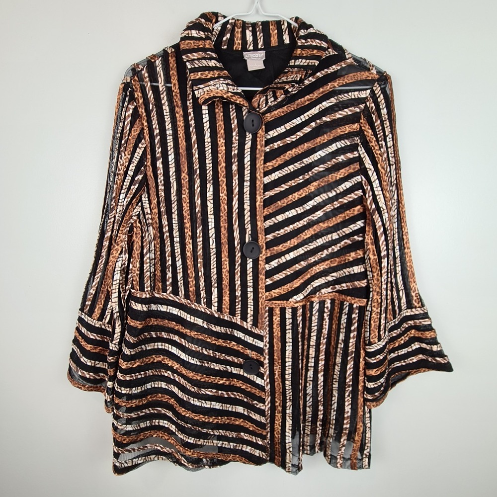 Chicos Travelers Jacket Size 1 US 8/10 Satin Animal Stripe Mesh Lightweight Slim